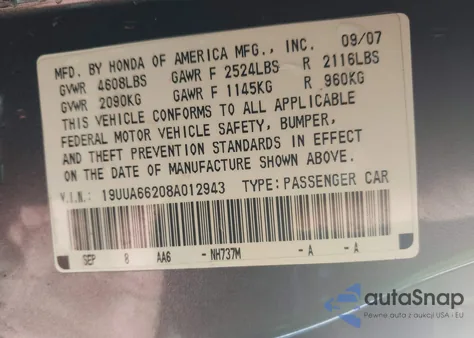 2008 Acura Tl 3.2 z USA, uszkodzony, nr VIN 19UUA66208A012943